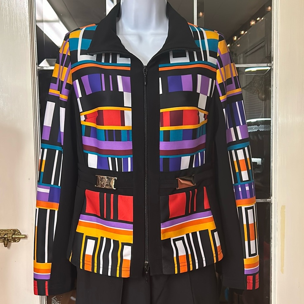 Joseph Ribkoff Geometric Abstract Zip Jacket Shoulder Pads 6